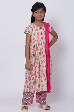 Peach Cotton Flared Straight Kurta Palazzo Suit Set image number 3