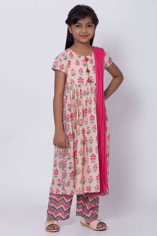 Peach Cotton Flared Straight Kurta Palazzo Suit Set image number 3