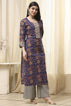 Blue Cotton Screen Print Unstitched Suit Set image number 6