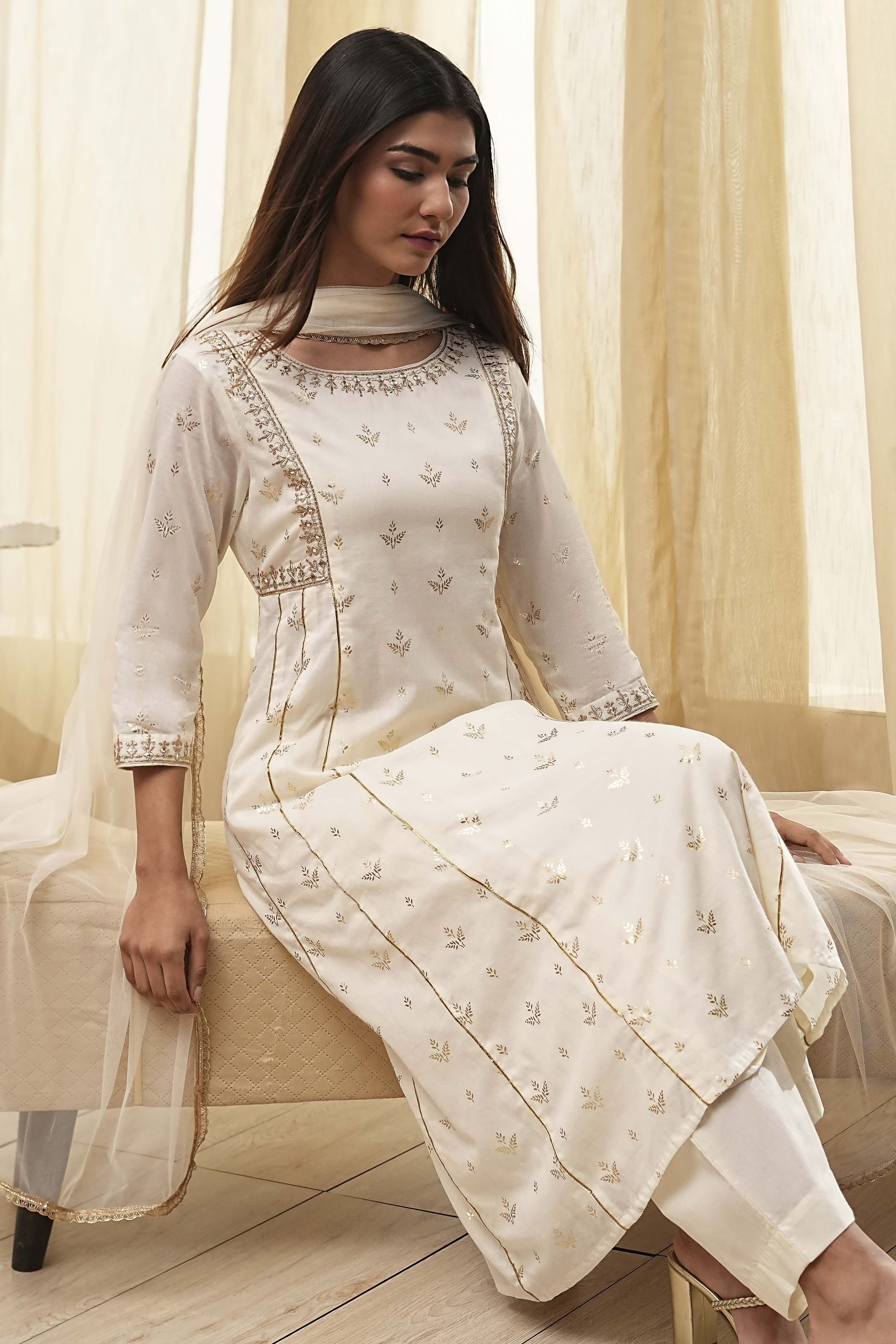 Cream-Colored Cotton Foil Printed Kalidar Suit Set image number 0