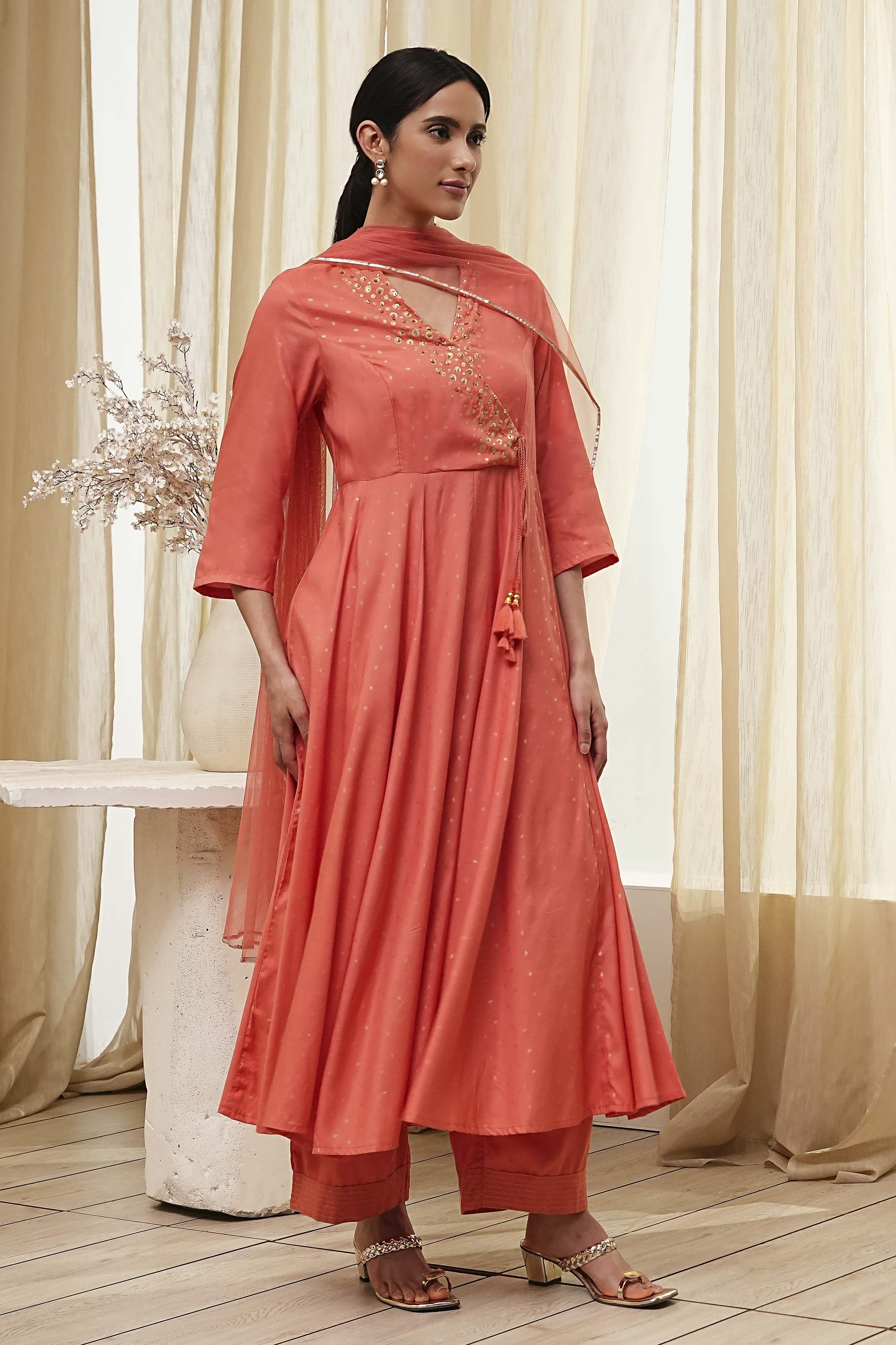 Peach Modal Printed Angrakha Anarkali Suit Set image number 5