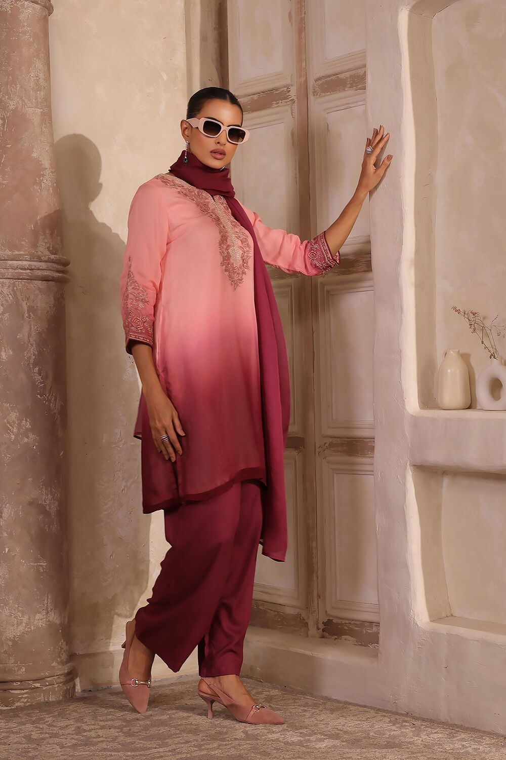 Peach Viscose Blend Straight Suit Set image number 5