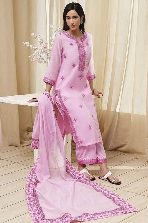 Pink Embroidered Straight Suit Set image number 0