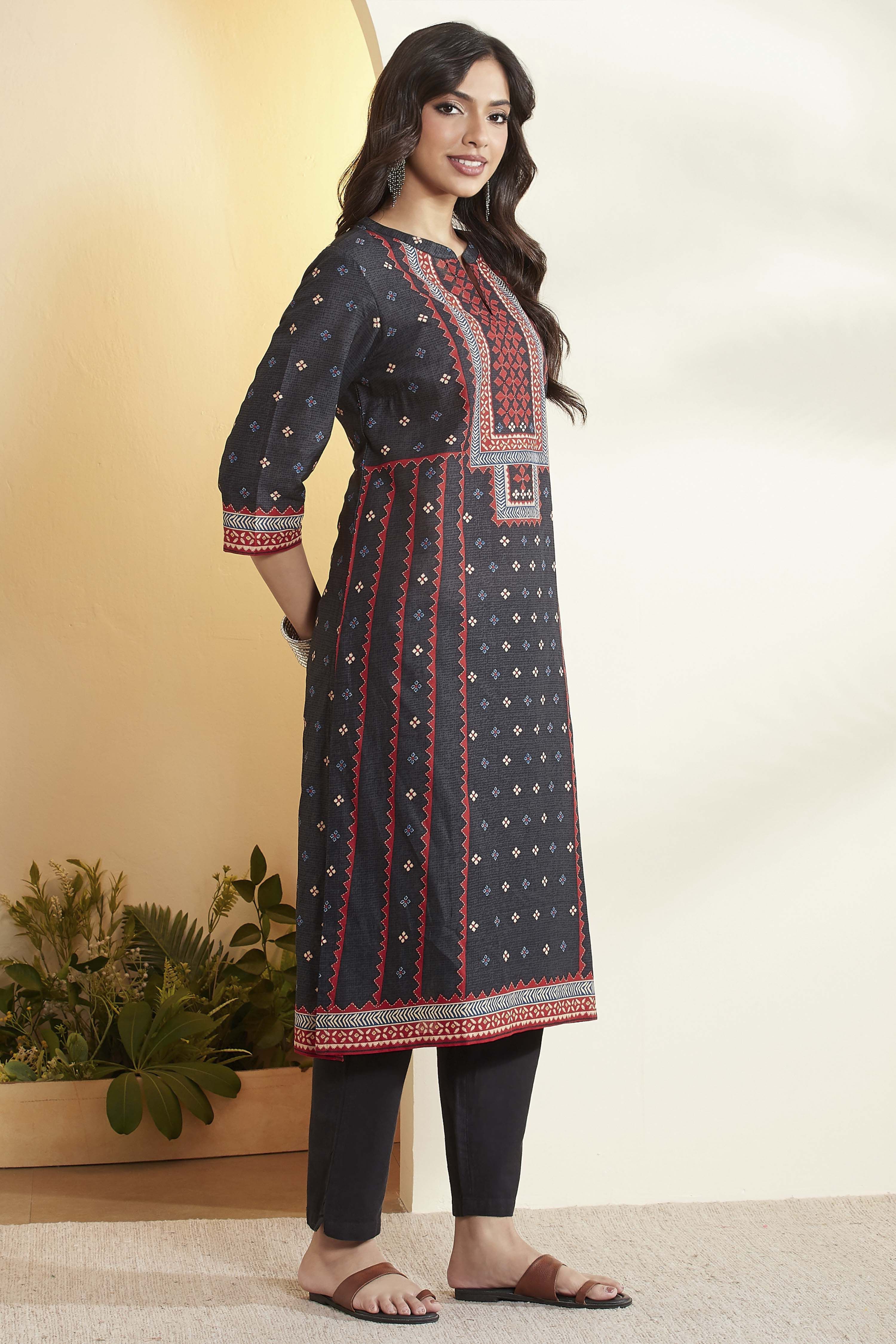 Black Cotton Printed Straight Kurta image number 4
