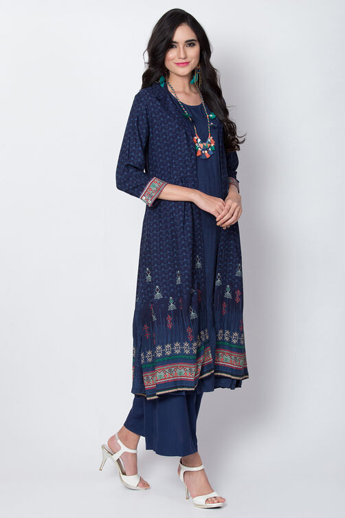 Indigo Viscose Front Open Printed Kurta image number 2