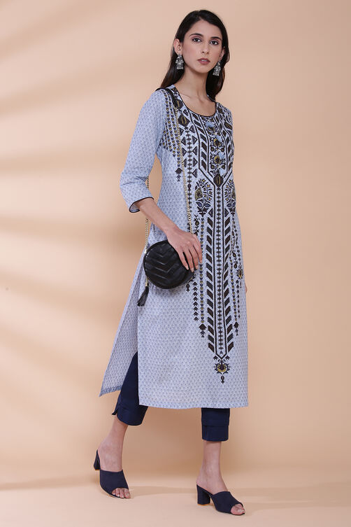 Blue Cotton Straight Printed Kurta image number 4