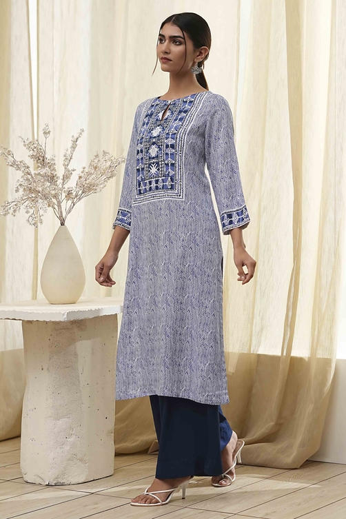 Beige Printed Straight Kurta image number 2