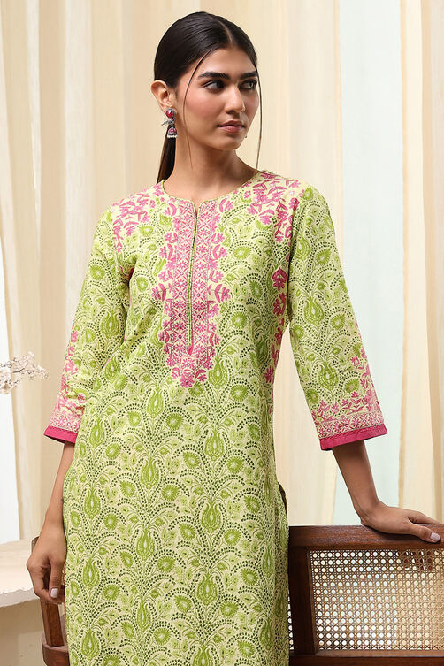 Green Cotton Printed Straight Kurta image number 6