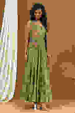 Green Georgette Festive Tiered Anarkali Dress image number 4