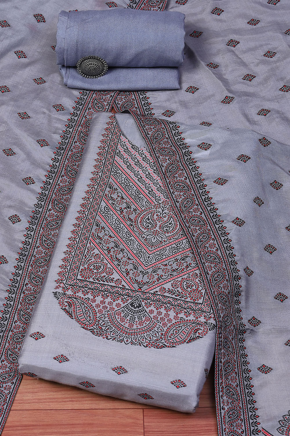 Sky Blue Chanderi Unstitched Suit Set image number 0