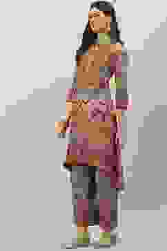 Beige Cotton Blend Asymmetric Printed Kurta Suit Set image number 3