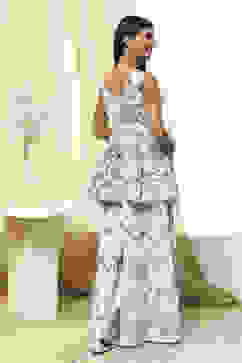 Off-White and Blue Cotton Flared Kurta Set image number 4