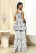 Off-White and Blue Cotton Flared Kurta Set image number 4