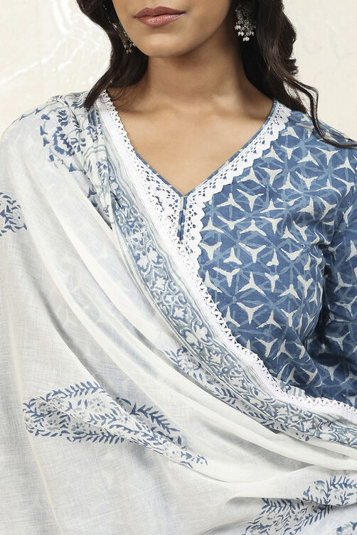 Blue and White Cotton Hand Block Unstitched Suit Set image number 2