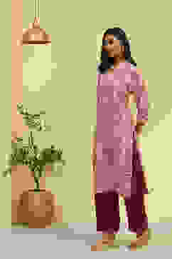 Purple Cotton Printed Straight Kurta image number 2