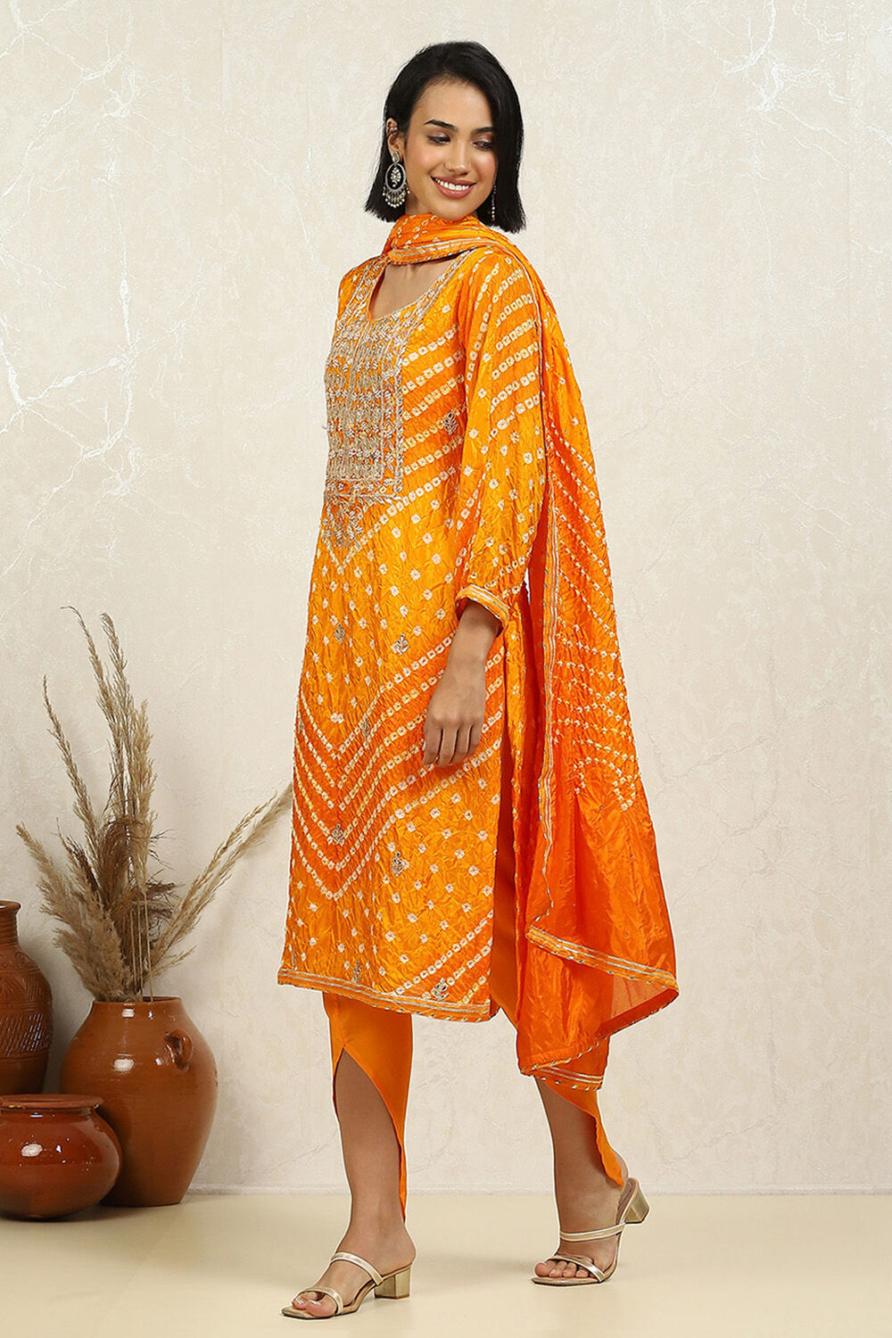 Orange Silk Blend Bandhej Crinkled Unstitched Suit Set image number 4