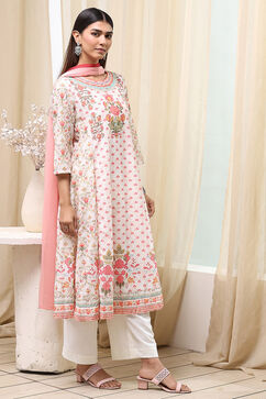Off-White and Pink Cotton Floral Kalidar Suit Set image number 5