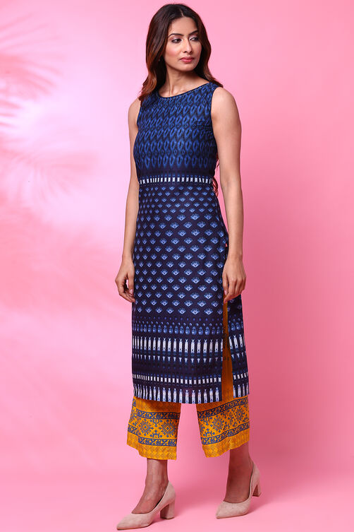 Indigo Cotton Sleeveless Printed Kurta image number 3