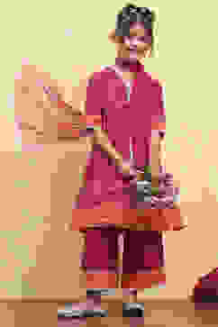 Pink Cotton Printed Tiered Suit Set image number 0