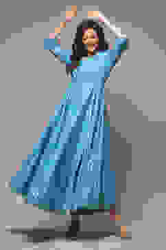 Turquoise Cotton Straight Printed Dress image number 0