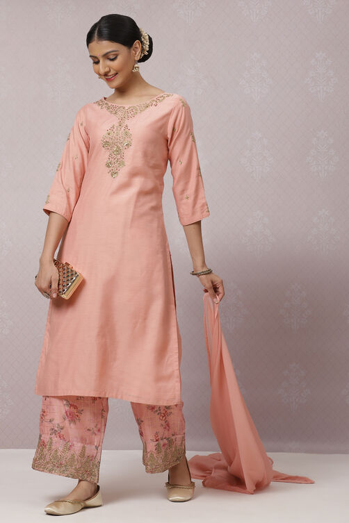 Peach Art Silk Straight Kurta Palazzo Suit Set image number 0