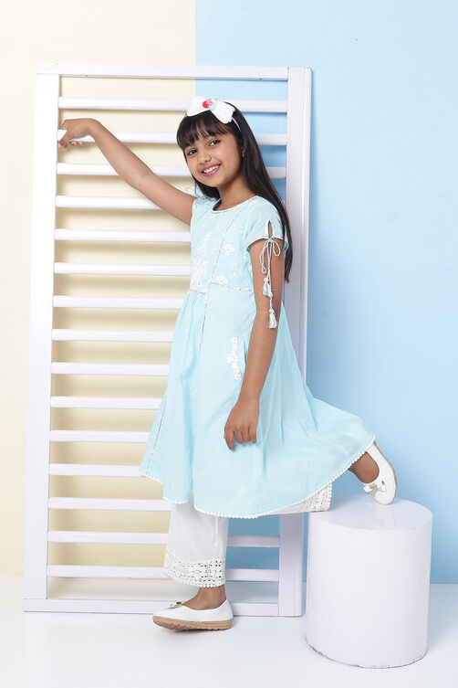 Sky Blue Cotton Chikankari Embroidered Kurta Pant Set image number 3
