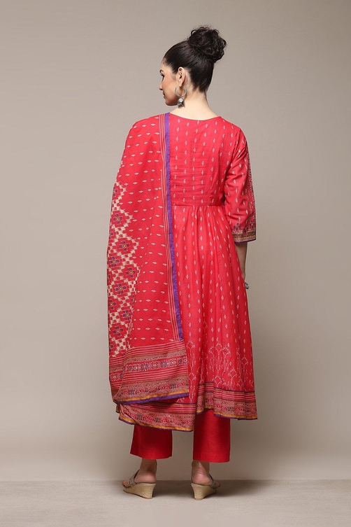 Red Cotton Anarkali Kurta Palazzo Suit Set image number 4