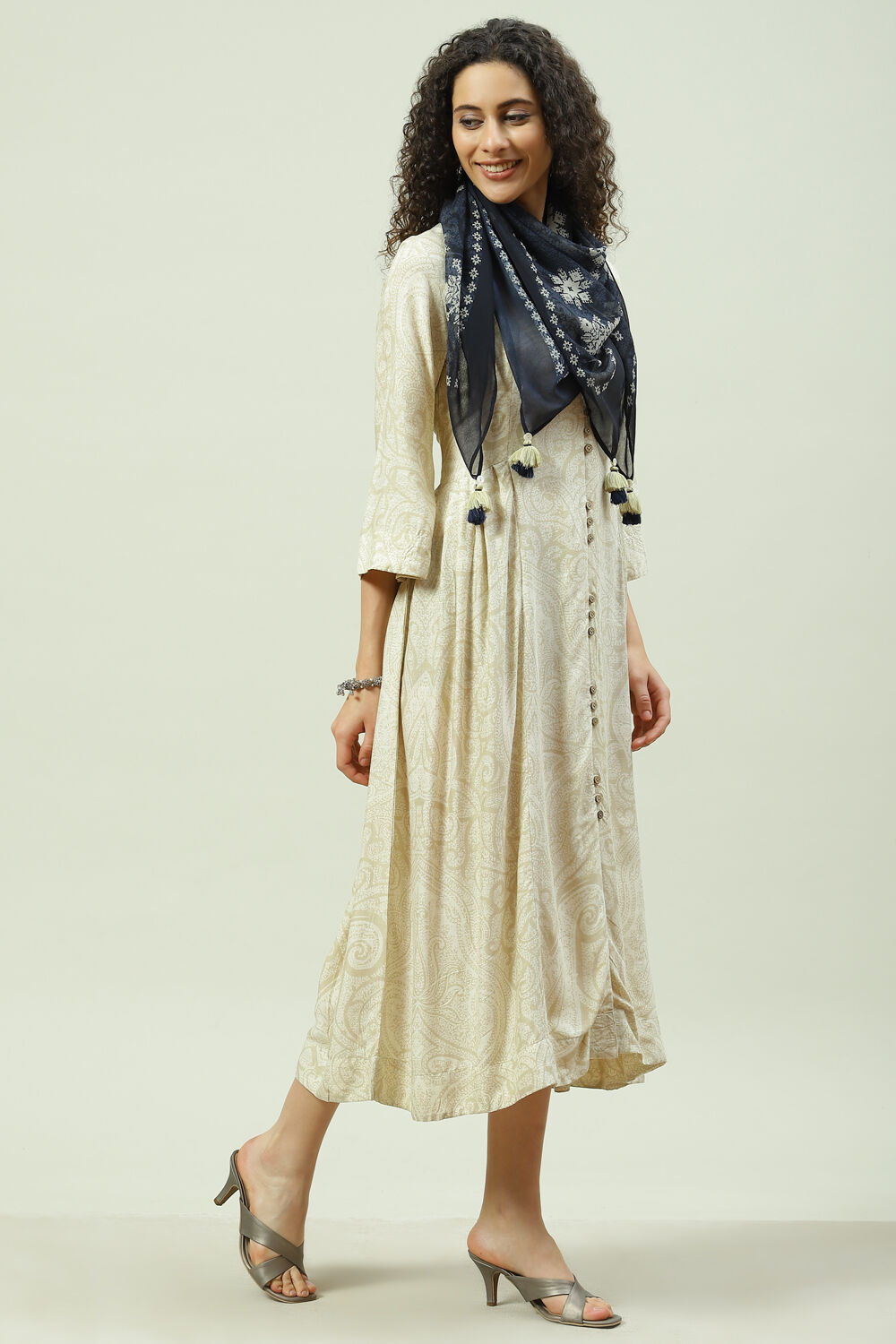 Ecru LIVA A-Line Fusion Printed Dress image number 5