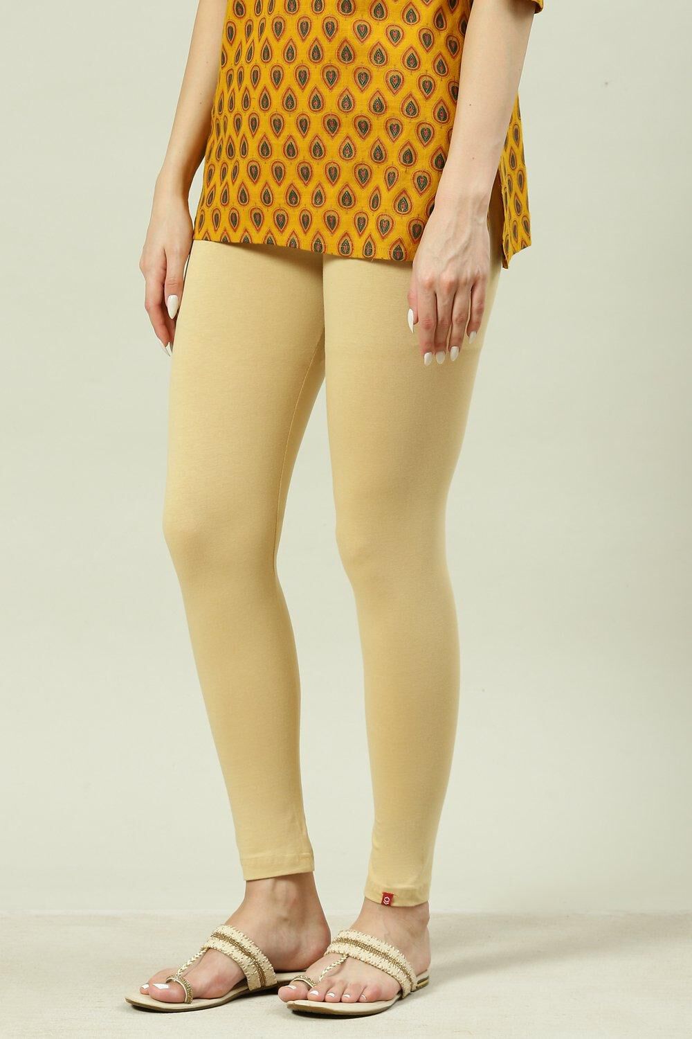 Beige Cotton Blend Solid Leggings