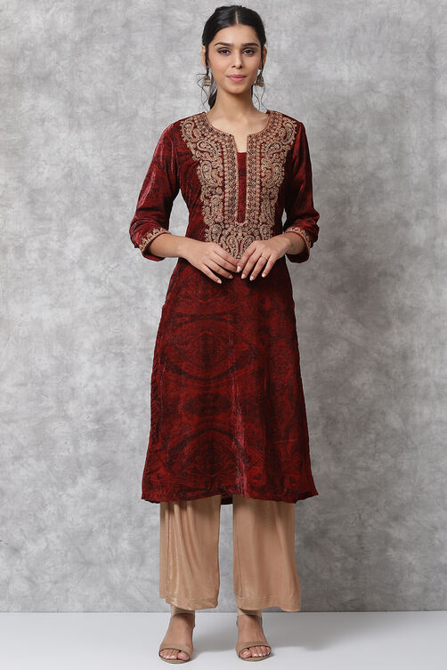 Red Velvet Straight Kurta image number 5