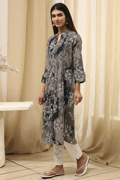 Charcoal Floral Printed Straight Kurta image number 2