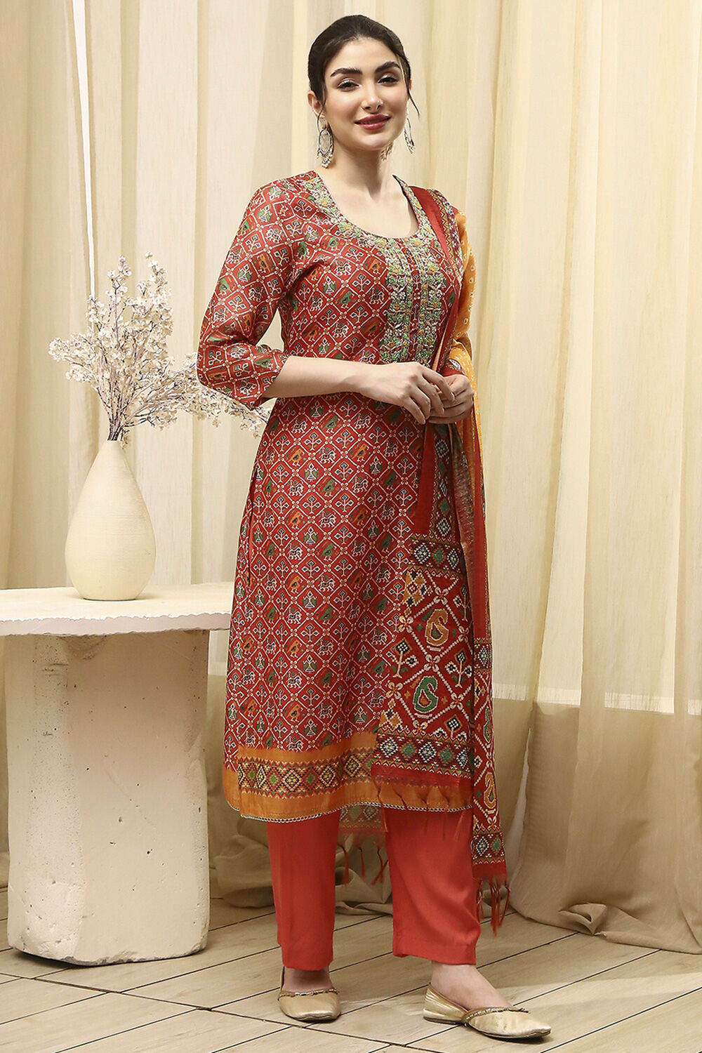 Red Chanderi Machine Embroidered Unstitched Suit Set image number 6