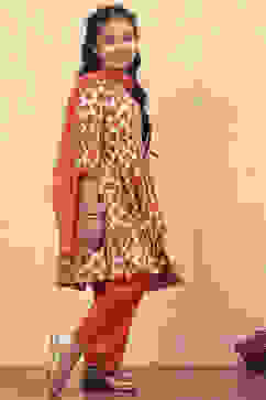 Orange Viscose Floral Printed Festive Tiered Suit Set image number 5