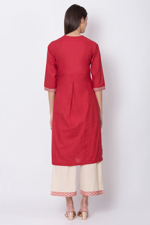 Red Cotton Straight Suit Set image number 4