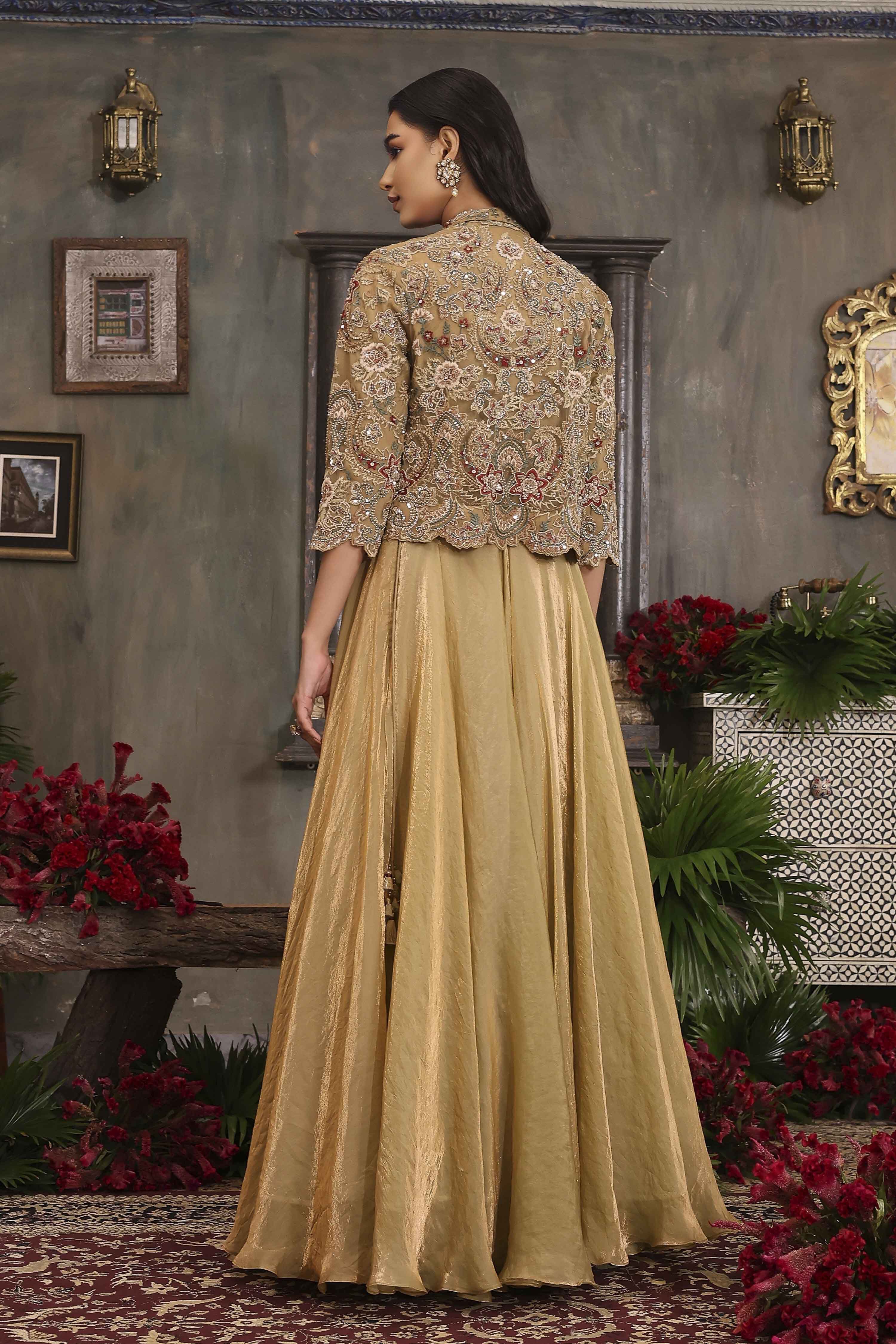 Gold Toned Art Silk Solid Lehenga Set With Jacket image number 4