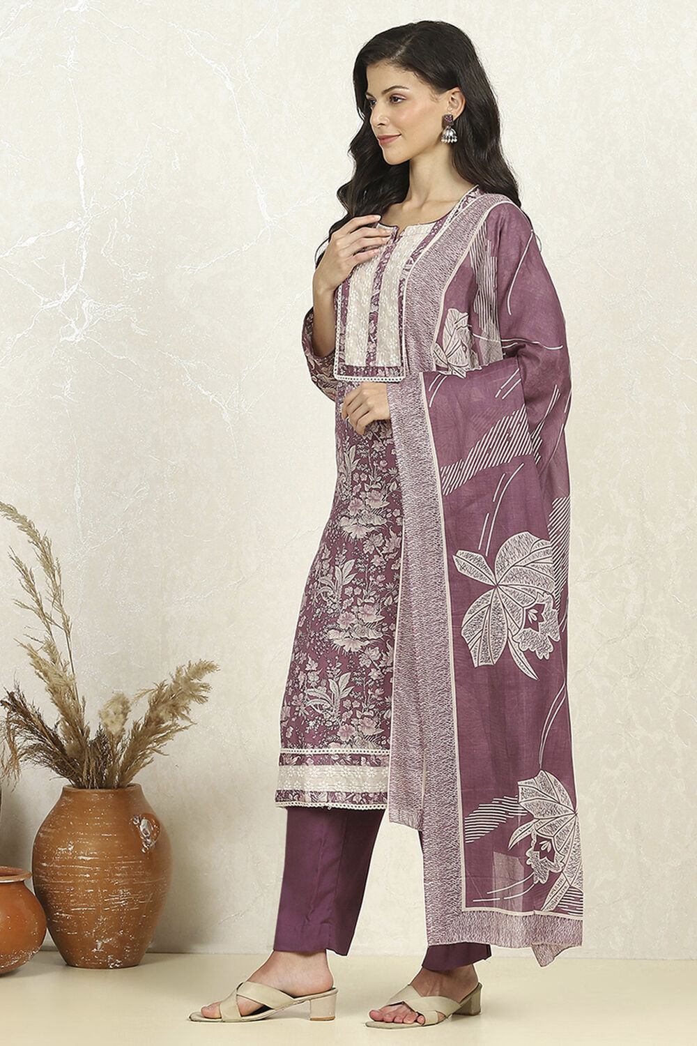 Purple Cotton Floral Printed Unstitched Suit Set image number 4