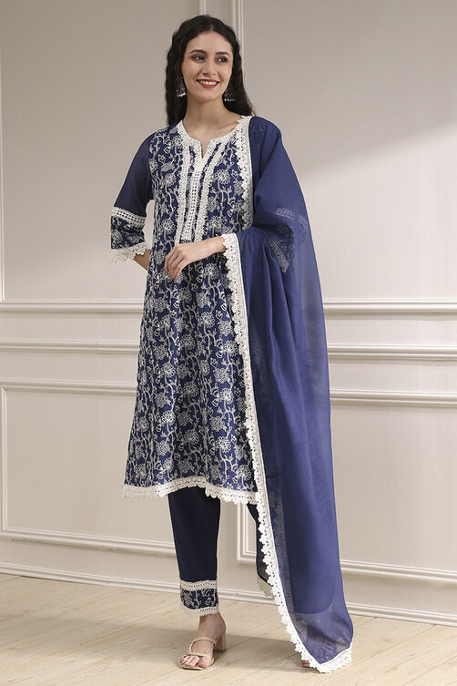 Blue Chanderi Embroidered Straight Suit Set image number 6