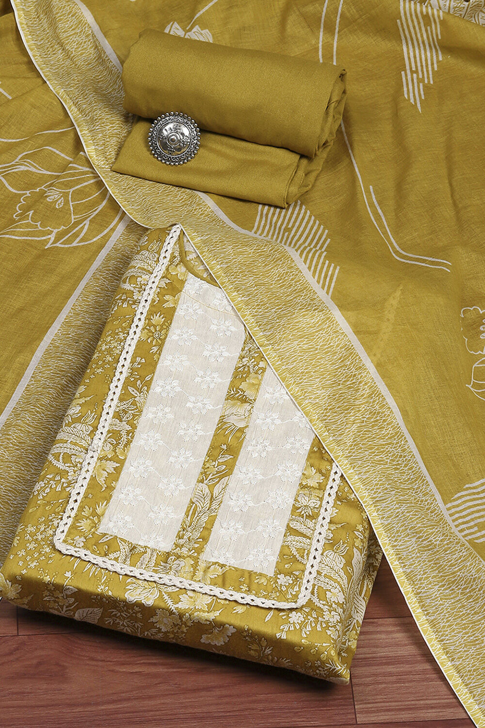 Yellow Cotton Floral Printed Unstitched Suit Set image number 0