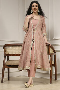 Old Rose Chanderi Anarkali Dyed Fusion Set image number 0