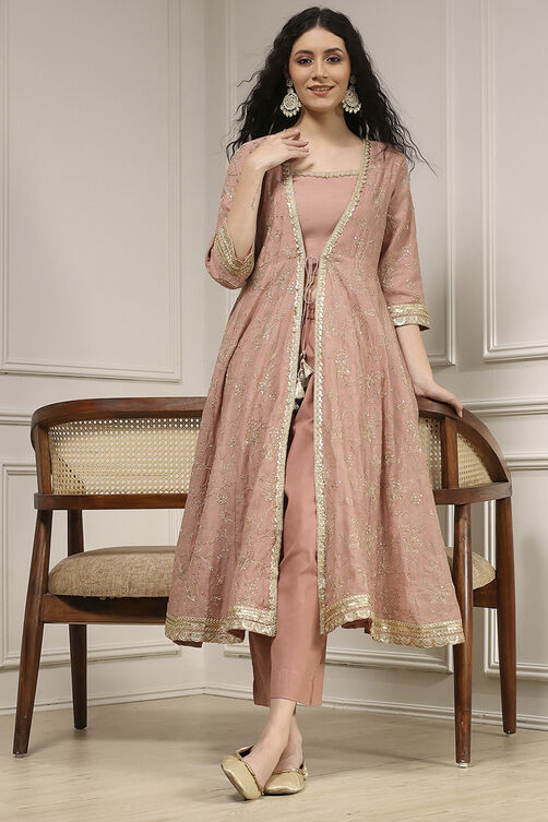 Natural White Chanderi Anarkali Dyed Fusion Set image number 0