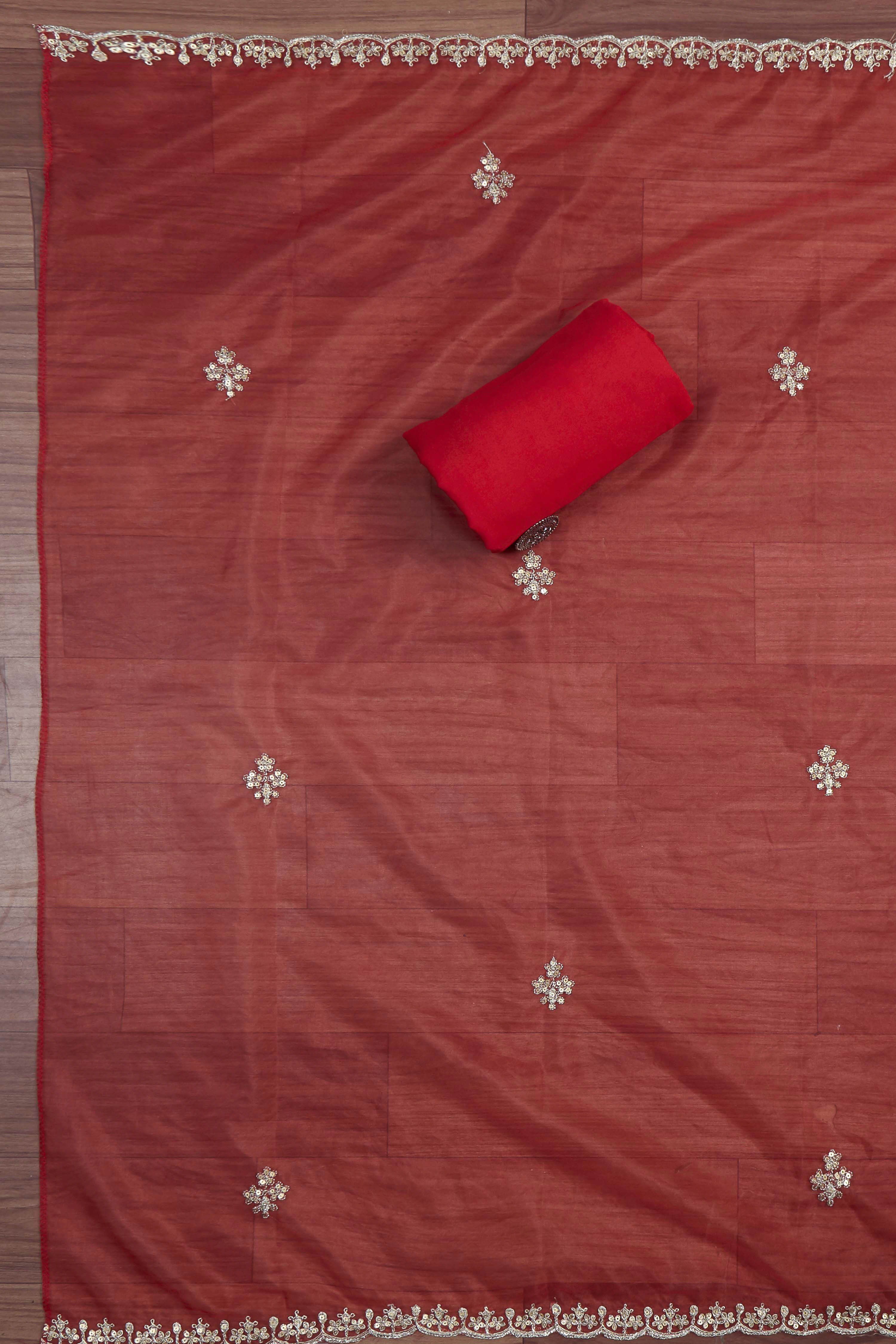 Peach-Colored Organza Rajasthani Print Unstitched Suit Set image number 3