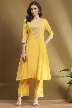 Yellow Embroidered Festive Kalidar Suit Set image number 6