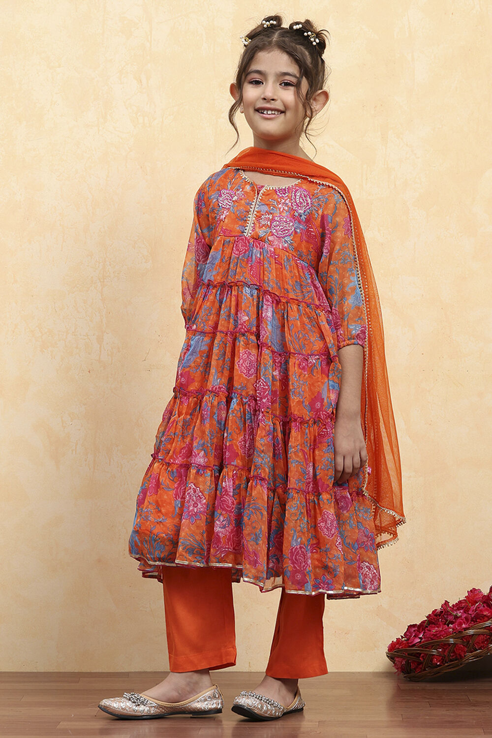 Orange Floral Printed Tiered Suit Set image number 3