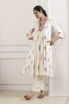 Off White Cotton Geometric Printed A-Line Kurta