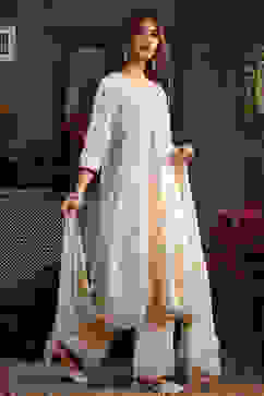 Off-White Cotton Silk Embroidered Kalidar Suit Set image number 5