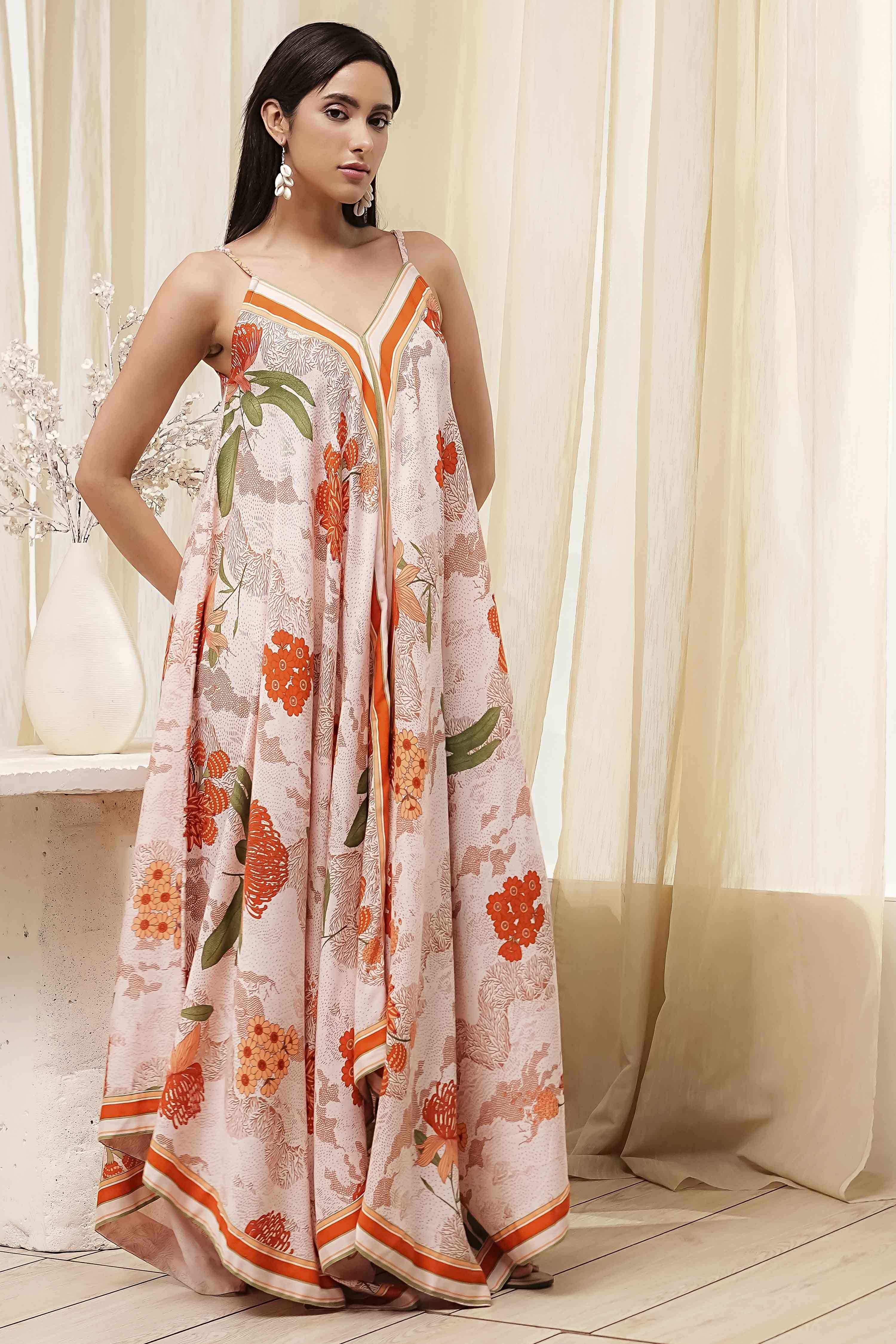 Beige Floral Printed Strappy Relaxed Maxi Dress image number 3