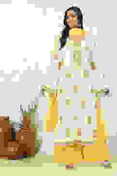 Mustard Yellow Cotton Hand Block Print Unstitched Suit Set image number 1