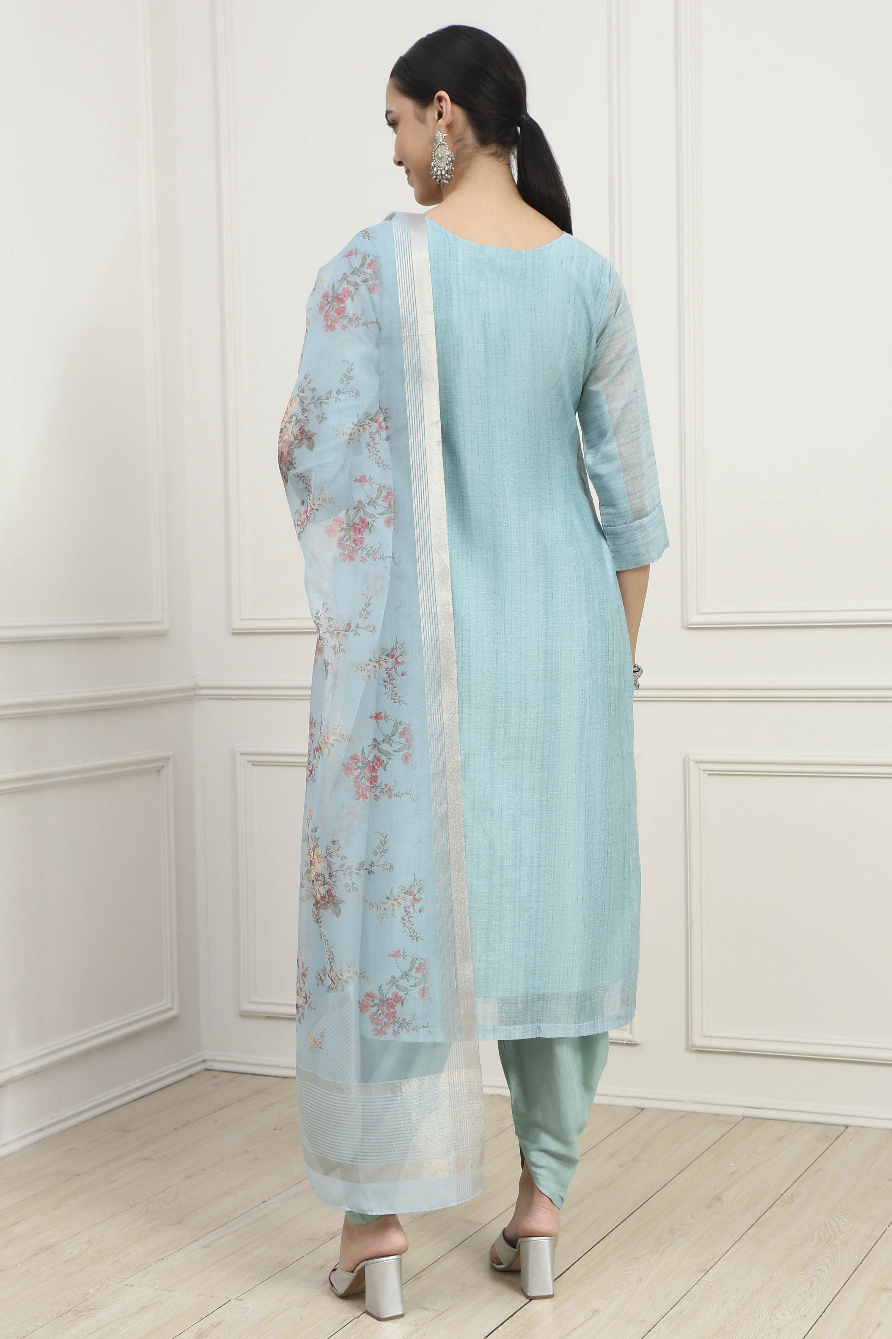 Blue Chanderi Hand Embroidered Unstitched Suit Set image number 5