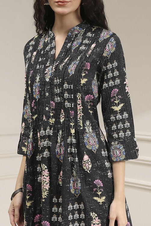 Black Cotton Printed A-Line Kurta image number 1