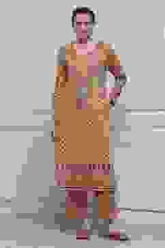 Mustard Blended Printed Straight Kurta Pants Set image number 0